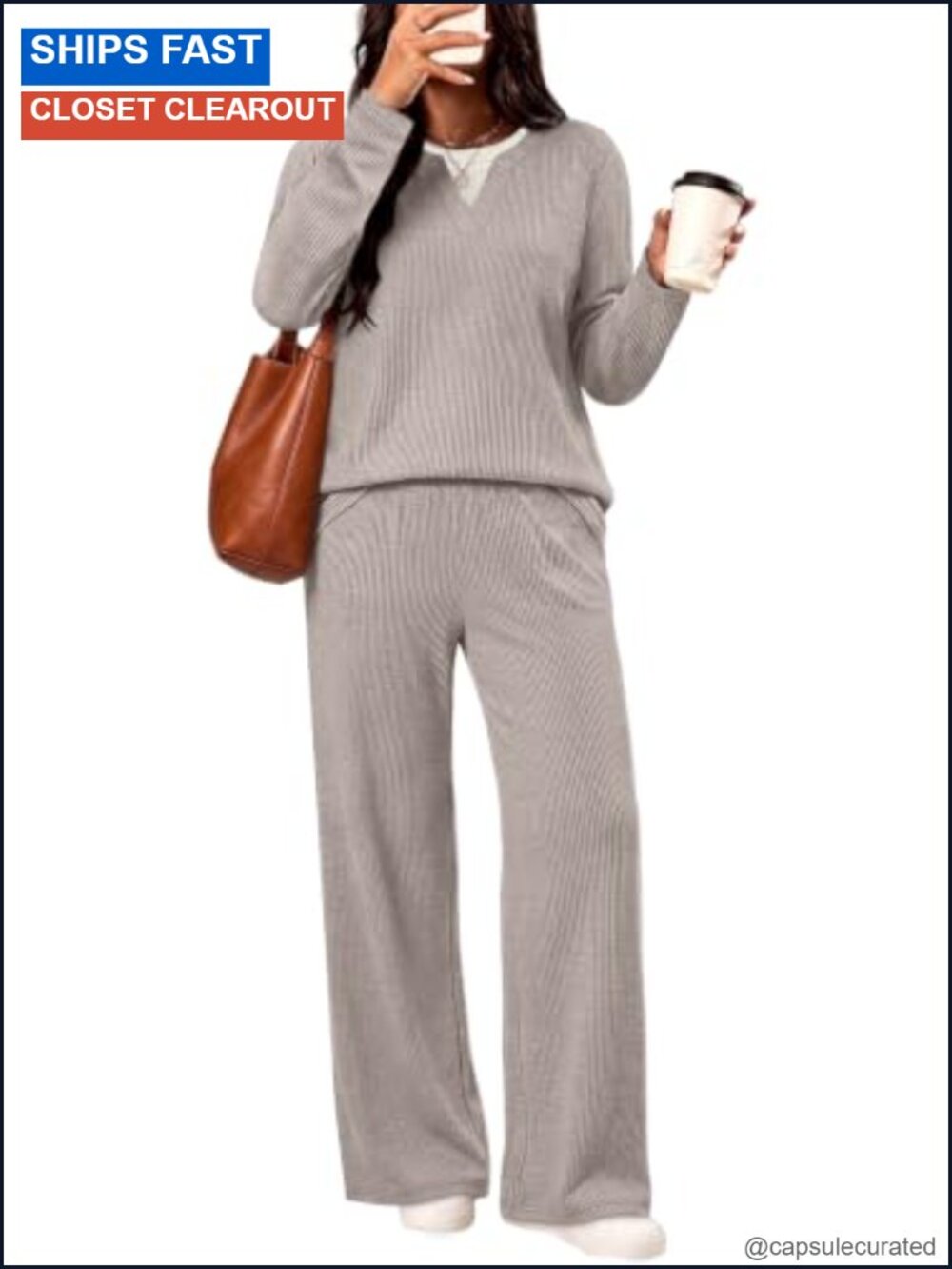 Womens 2 Piece Lounge Set Long Sleeve V-Neck Top Wide Leg Pants